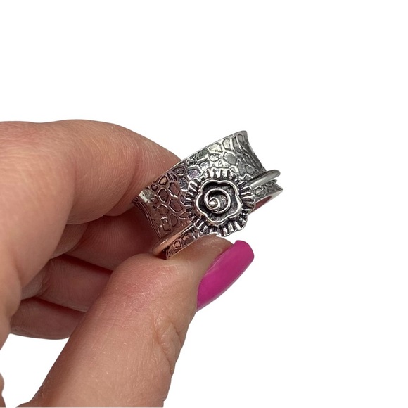 Rose Flower Spinner Meditation Band Ring Size 12 Sterling Silver 925 Overlay - Picture 4 of 6